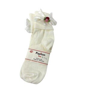 NWT Papilon Girls Dress Ankle Socks Ivory Sheer Bow Rosettes Size 8-9.5